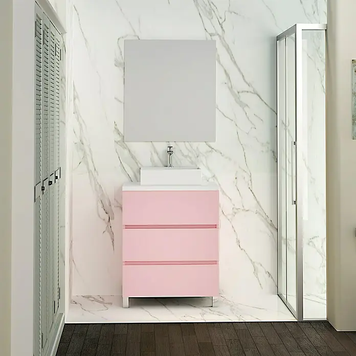 Artysan Mueble bajo de lavabo Colours Slim - L x An x Al: 39 x 50 x 83 cm, Rosa - Elegante conjunto de baño con tocador rosa de tres cajones, lavabo blanco y espejo minimalista, que combina estilo y funcionalidad.