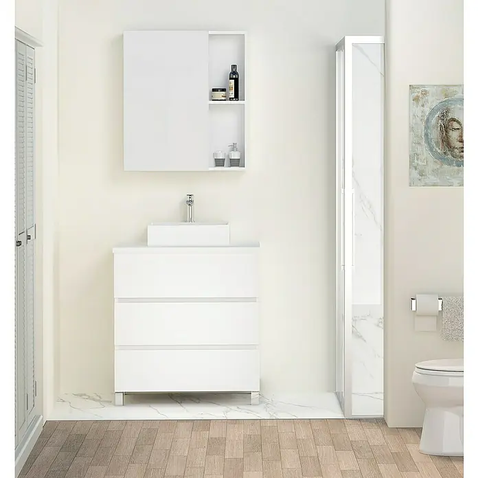 Artysan Mueble bajo de lavabo Colours Slim - L x An x Al: 39 x 50 x 83 cm, Blanco seda - Interior de baño con un moderno mueble de lavabo con cajones y un armario con espejo a juego con estanterías.