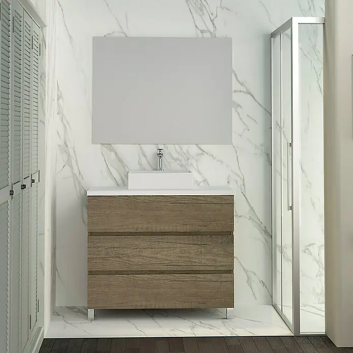 Artysan Mueble bajo de lavabo Colours - An x Pr x Al: 90 x 44,6 x 83 cm, Nebraska - Mueble de baño moderno con vetas de madera, lavabo sobre encimera blanco y espejo grande contra pared de mármol. Diseño elegante.