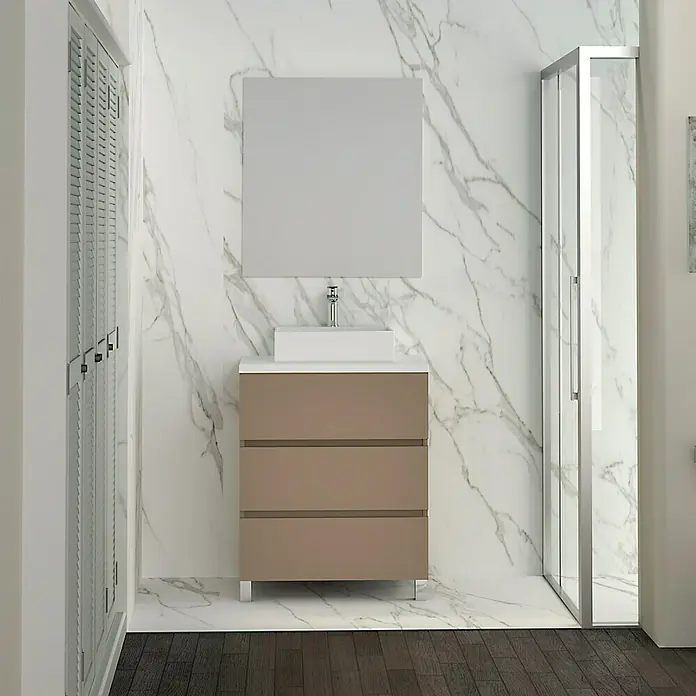 Artysan Mueble bajo de lavabo Colours Slim - L x An x Al: 39 x 50 x 83 cm, Fango - Un tocador moderno con tres cajones y un espejo cuadrado, perfecto para un baño con estilo.