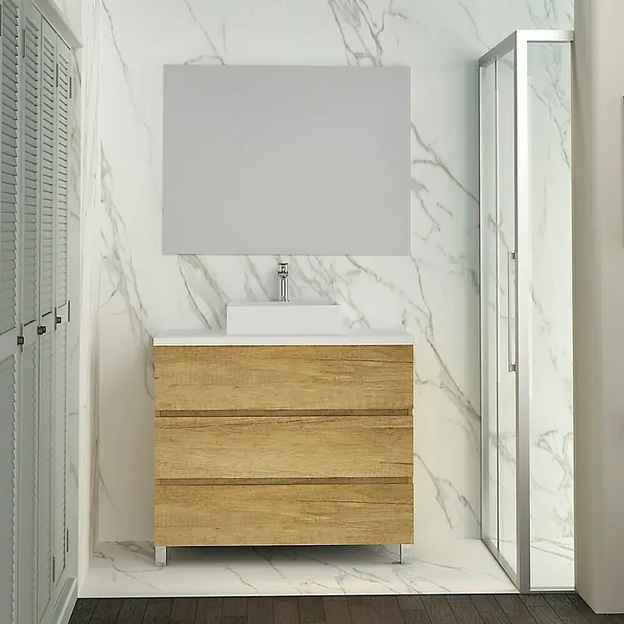 Artysan Mueble bajo de lavabo Colours - An x Pr x Al: 90 x 44,6 x 83 cm, Nature - Un elegante conjunto de baño con un tocador de madera clara, un espejo moderno y accesorios de ducha.