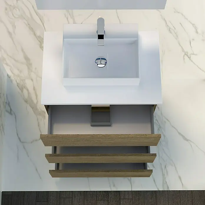 Artysan Mueble bajo de lavabo Colours Slim - L x An x Al: 39 x 50 x 83 cm, Nebraska - Tocador de baño moderno con diseño de cajón de madera abierto y lavabo sobre encimera blanco sobre pared de mármol.