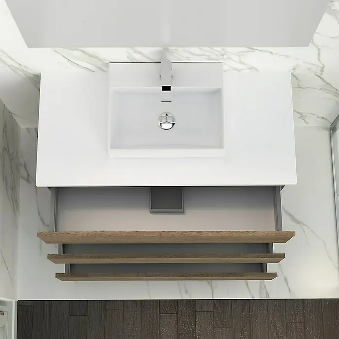 Artysan Mueble bajo de lavabo Colours - An x Pr x Al: 90 x 44,6 x 83 cm, Nebraska - Un tocador moderno con una encimera blanca con un lavabo rectangular y estantes de madera abiertos debajo, perfecto para un baño elegante.