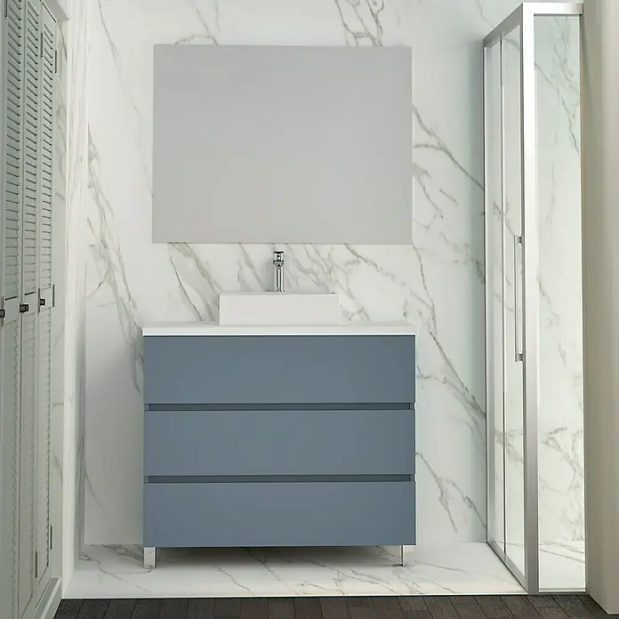 Artysan Mueble bajo de lavabo Colours - An x Pr x Al: 90 x 44,6 x 83 cm, Azul - Baño con mueble de lavabo azul, lavabo, espejo sobre pared de mármol y ducha.