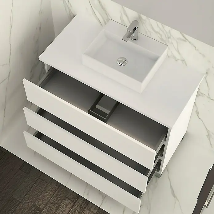 Artysan Mueble bajo de lavabo Colours - An x Pr x Al: 90 x 44,6 x 83 cm, Blanco seda - Mueble de baño moderno blanco con cajones abiertos y lavabo sobre encimera, ofreciendo un diseño elegante para cualquier baño.