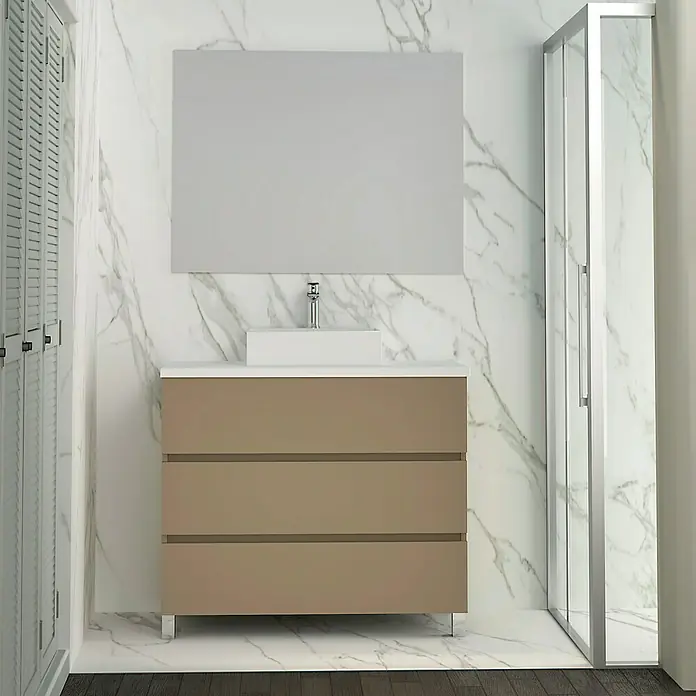 Artysan Mueble bajo de lavabo Colours - An x Pr x Al: 90 x 44,6 x 83 cm, Fango - Elegante lavabo de baño con cajones beige y espejo rectangular moderno. Un diseño atemporal para cualquier baño.