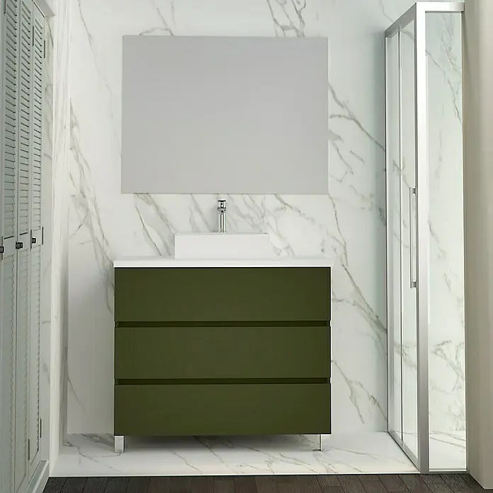 Artysan Mueble bajo de lavabo Colours - An x Pr x Al: 90 x 44,6 x 83 cm, Musgo - Baño moderno con mueble de lavabo verde oliva, lavabo blanco y espejo grande. El diseño del baño es elegante con accesorios cromados.