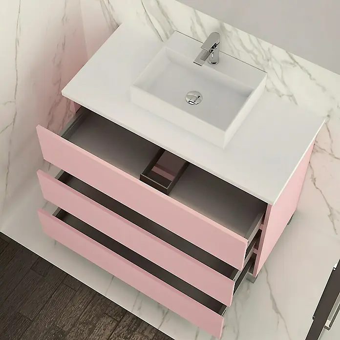 Artysan Mueble bajo de lavabo Colours - An x Pr x Al: 90 x 44,6 x 83 cm, Rosa - Lavabo rosa con encimera blanca, lavabo rectangular y tres cajones para un almacenamiento de baño elegante y funcional.