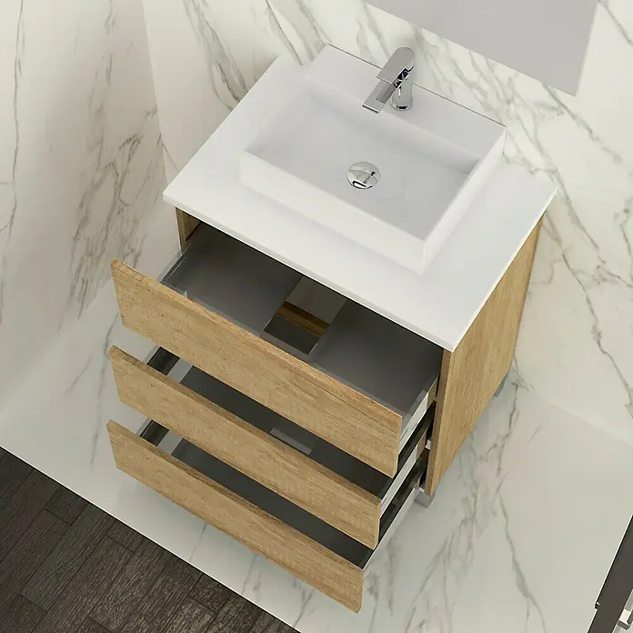 Artysan Mueble bajo de lavabo Colours Slim - L x An x Al: 39 x 50 x 83 cm, Nature - La imagen muestra un mueble de baño moderno con tres cajones y un lavabo sobre encimera cuadrado, destacado por su diseño luminoso.