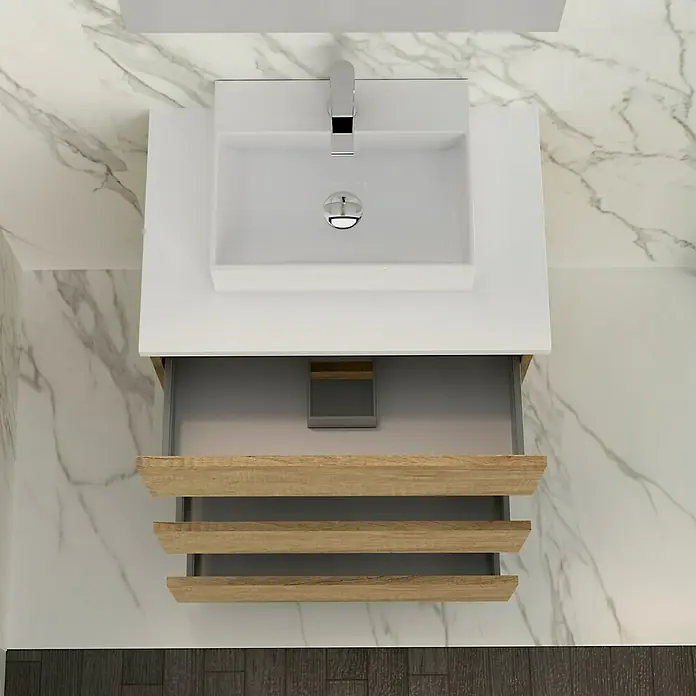Artysan Mueble bajo de lavabo Colours Slim - L x An x Al: 39 x 50 x 83 cm, Nature - Vista superior de un tocador moderno con un diseño de cajón de madera abierta y un lavabo sobre encimera blanco contra una pared de mármol.