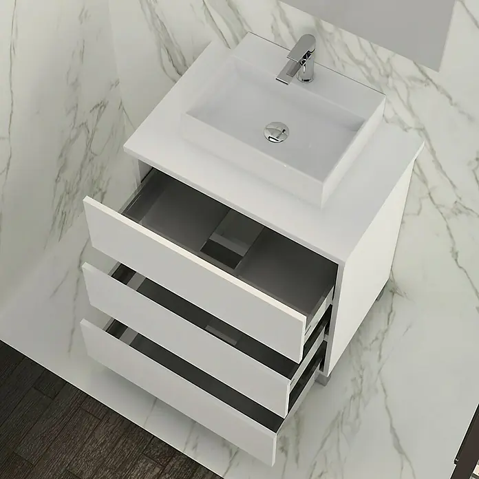 Artysan Mueble bajo de lavabo Colours Slim - L x An x Al: 39 x 50 x 83 cm, Blanco seda - Imagen de un mueble de baño blanco con lavabo y cajones abiertos, mostrando su diseño moderno y funcional.