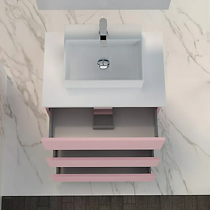 Artysan Mueble bajo de lavabo Colours Slim - L x An x Al: 39 x 50 x 83 cm, Rosa - Vista superior de un tocador moderno con lavabo blanco, grifo y un mueble rosa suave con frentes de cajones singulares.