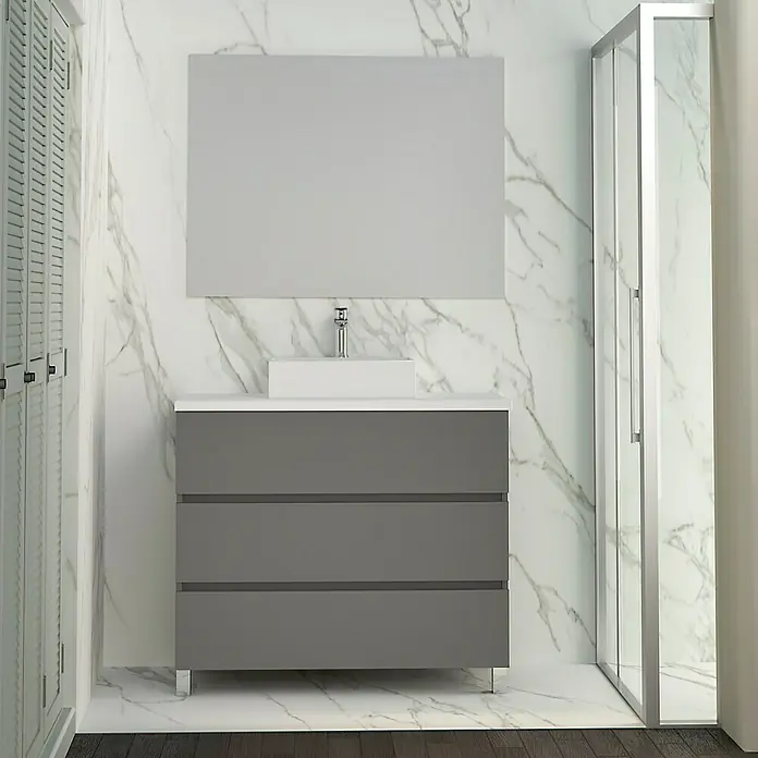 Artysan Mueble bajo de lavabo Colours - An x Pr x Al: 90 x 44,6 x 83 cm, Antracita - El tocador de baño gris con tres cajones y un lavabo blanco con un diseño moderno añade elegancia a cualquier baño.