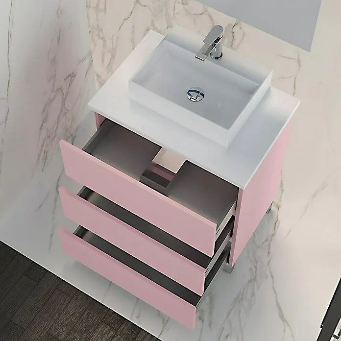 Artysan Mueble bajo de lavabo Colours Slim - L x An x Al: 39 x 50 x 83 cm, Rosa - Una vista superior de un mueble de baño rosa con un moderno lavabo sobre encimera y cajones abiertos, que muestra muebles de baño.
