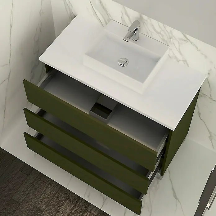 Artysan Mueble bajo de lavabo Colours - An x Pr x Al: 90 x 44,6 x 83 cm, Musgo - Mueble de baño moderno verde oliva con tres cajones, encimera blanca y lavabo rectangular con grifo.