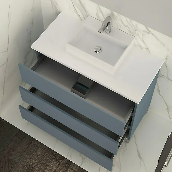 Artysan Mueble bajo de lavabo Colours - An x Pr x Al: 90 x 44,6 x 83 cm, Azul - Primer plano de un tocador de baño moderno con lavabo, encimera blanca y cajones azules abiertos.