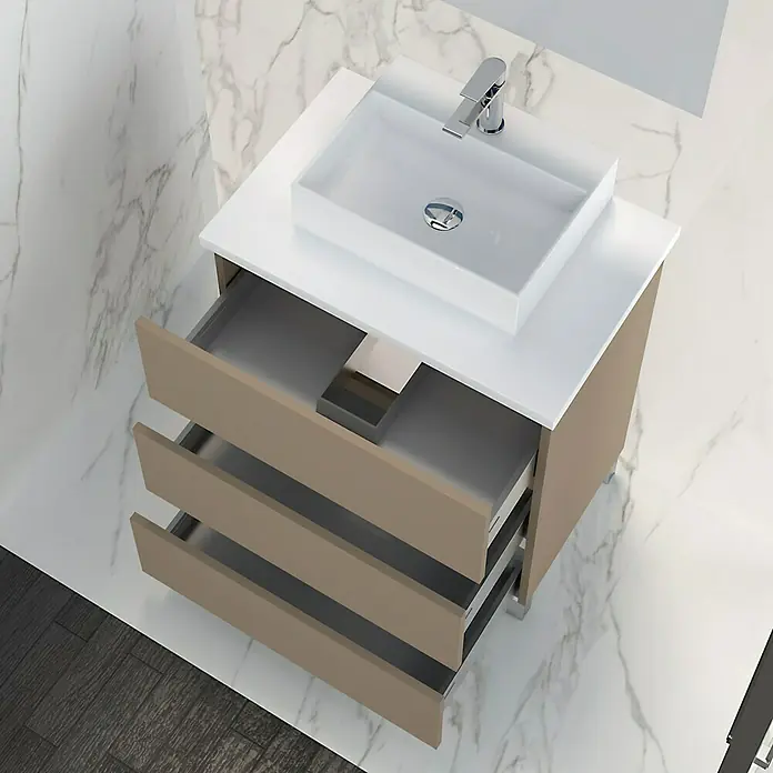 Artysan Mueble bajo de lavabo Colours Slim - L x An x Al: 39 x 50 x 83 cm, Fango - Moderno mueble de baño con tres cajones, encimera blanca y lavabo sobre encimera. Diseño elegante perfecto para cualquier baño.