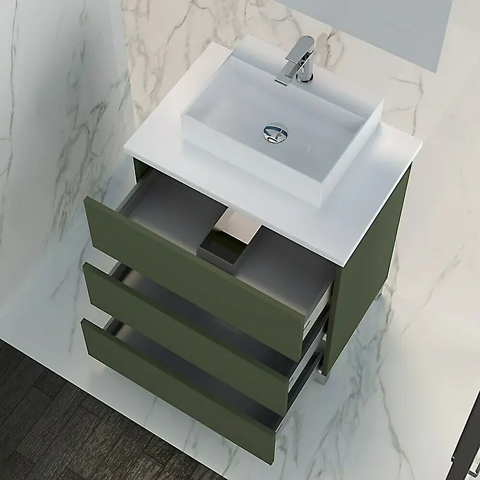 Artysan Mueble bajo de lavabo Colours Slim - L x An x Al: 39 x 50 x 83 cm, Musgo - Mueble de baño moderno verde oliva con un lavabo de encimera blanco y tres cajones para el baño.