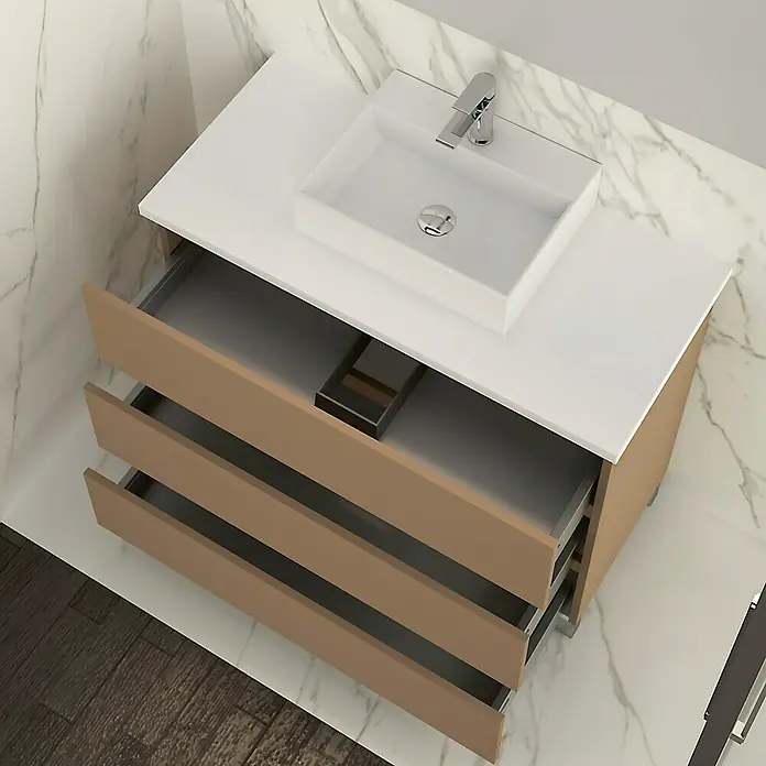 Artysan Mueble bajo de lavabo Colours - An x Pr x Al: 90 x 44,6 x 83 cm, Fango - Primer plano de un tocador de baño con sistema de cajones abiertos y un moderno lavabo sobre encimera rectangular.