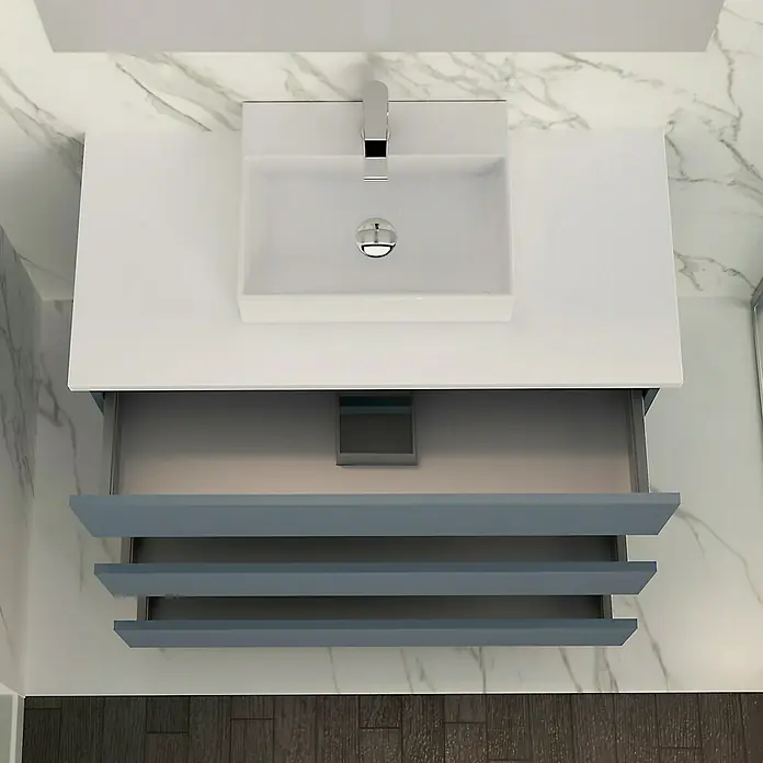 Artysan Mueble bajo de lavabo Colours - An x Pr x Al: 90 x 44,6 x 83 cm, Azul - Lavabo de baño moderno con tres cajones en azul y lavabo sobre encimera blanco para un ambiente elegante.