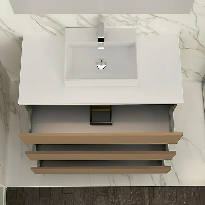 Artysan Mueble bajo de lavabo Colours - An x Pr x Al: 90 x 44,6 x 83 cm, Fango - Primer plano de un tocador de baño moderno con lavabo, que muestra un diseño minimalista y cajones funcionales para guardar cosas.
