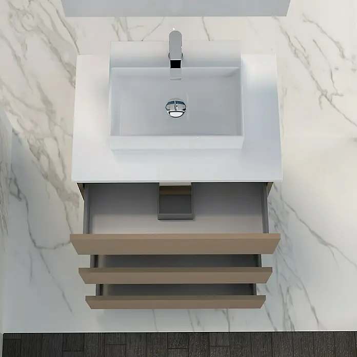 Artysan Mueble bajo de lavabo Colours Slim - L x An x Al: 39 x 50 x 83 cm, Fango - Lavabo moderno con tocador abierto y tres estantes. El lavabo es blanco y el tocador es gris con estantes de madera.