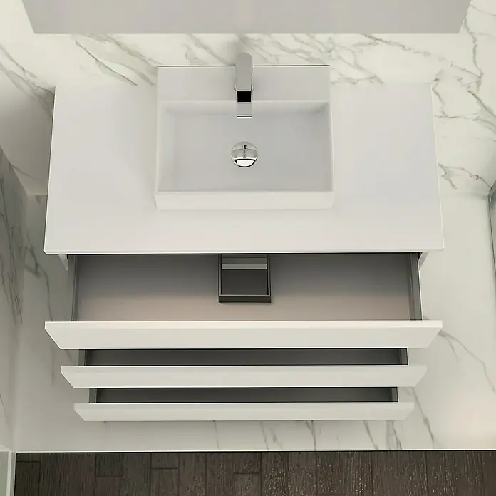 Artysan Mueble bajo de lavabo Colours - An x Pr x Al: 90 x 44,6 x 83 cm, Blanco seda - Vista superior de un mueble de baño con tres cajones, con una encimera blanca y un lavabo rectangular con grifo.