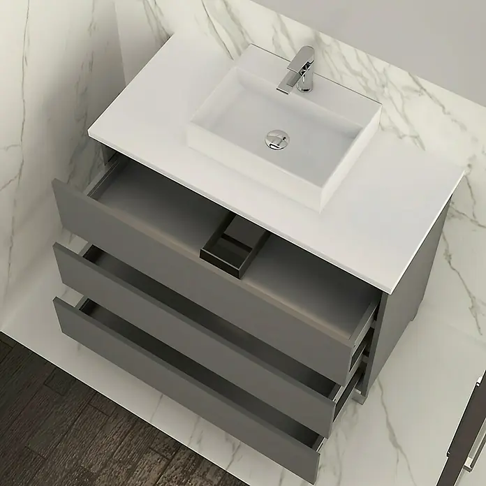 Artysan Mueble bajo de lavabo Colours - An x Pr x Al: 90 x 44,6 x 83 cm, Antracita - Moderno lavabo de baño con tres cajones en gris. El lavabo es blanco y tiene un grifo cromado moderno.