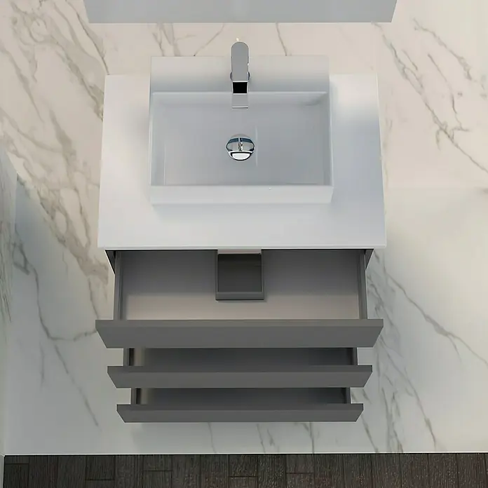 Artysan Mueble bajo de lavabo Colours Slim - L x An x Al: 39 x 50 x 83 cm, Antracita - Un tocador con un lavabo rectangular moderno y un gabinete gris con estanterías abiertas debajo del lavabo.