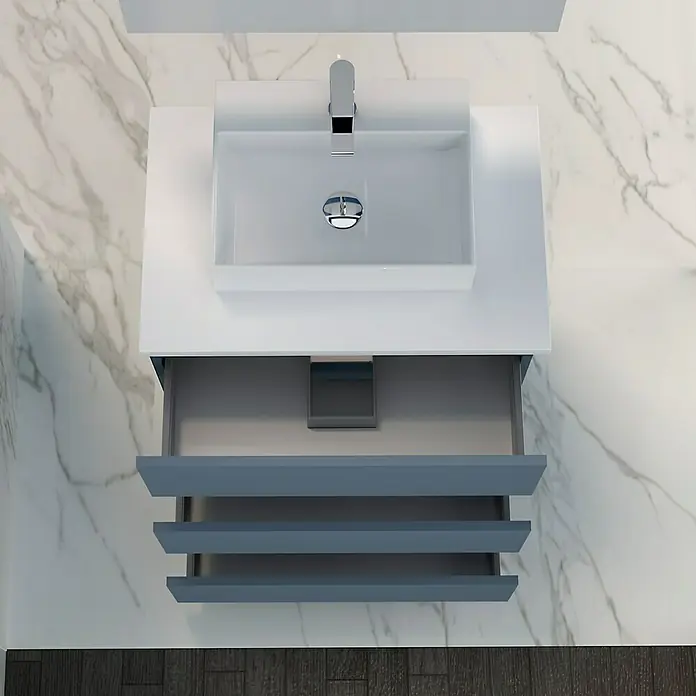 Artysan Mueble bajo de lavabo Colours Slim - L x An x Al: 39 x 50 x 83 cm, Azul - Mueble de baño moderno con lavabo sobre encimera blanco y armario con cajones de listones gris azulado para un baño elegante.