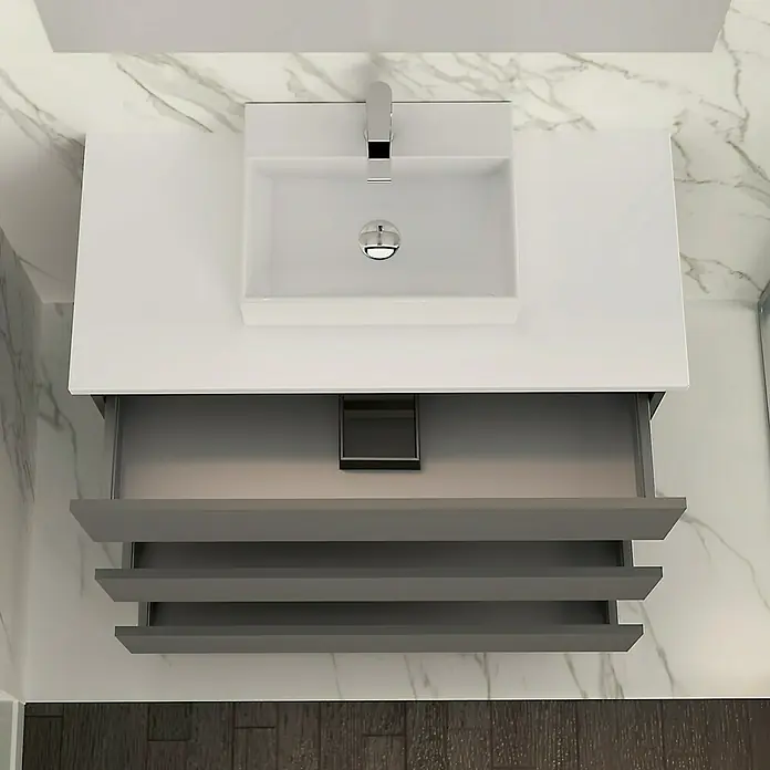 Artysan Mueble bajo de lavabo Colours - An x Pr x Al: 90 x 44,6 x 83 cm, Antracita - Vista superior de un tocador de baño con lavabo y un estante abierto con un diseño elegante. Superficies en blanco y gris.