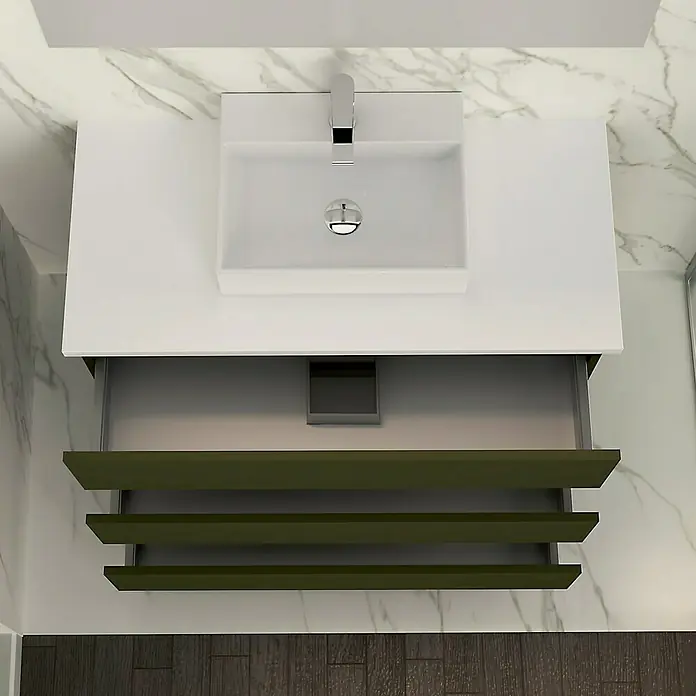Artysan Mueble bajo de lavabo Colours - An x Pr x Al: 90 x 44,6 x 83 cm, Musgo - Tocador blanco con lavabo cuadrado y estantes verdes para un diseño de baño moderno.