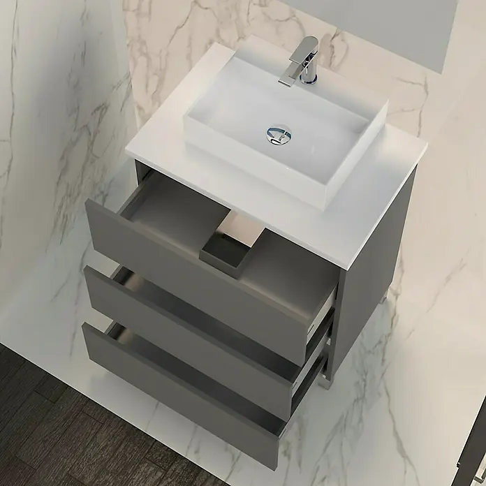 Artysan Mueble bajo de lavabo Colours Slim - L x An x Al: 39 x 50 x 83 cm, Antracita - Baño moderno con mueble de lavabo gris y lavabo sobre encimera blanco. Los cajones abiertos ofrecen espacio.