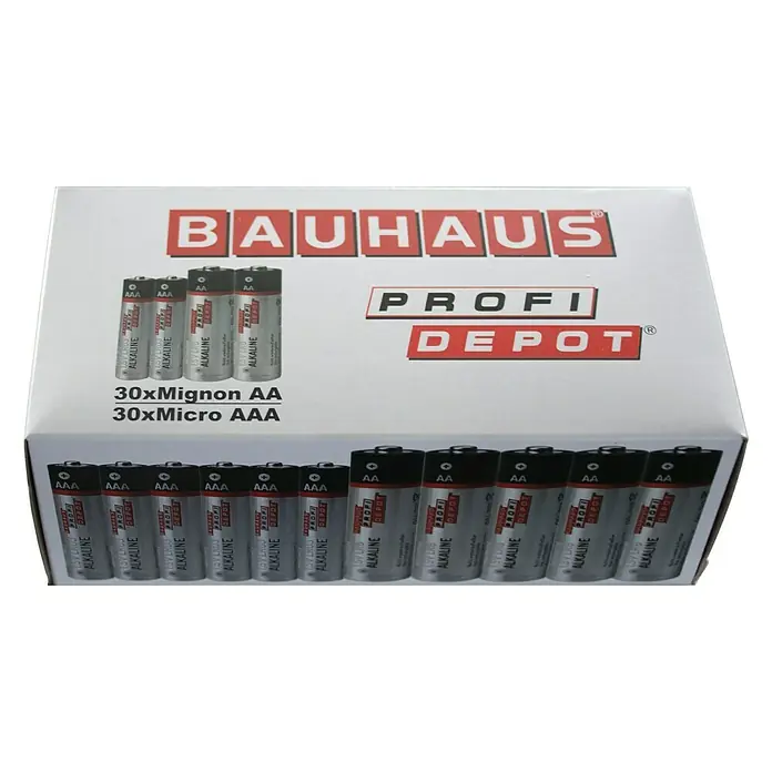 Profi Depot Batterie Set 30 x AA / 30 x AAA - Alkali-Mangan, 60 Stk. - Eine Packung Bauhaus Profi Depot Batterien, die sowohl AA- als auch AAA-Batterien enthält, in einem weißen Karton.