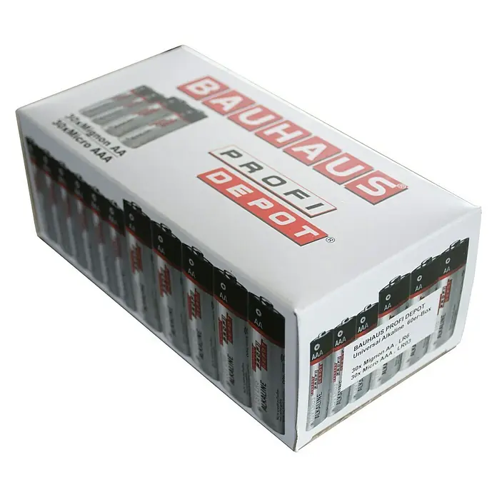Profi Depot Batterie Set 30 x AA / 30 x AAA - Alkali-Mangan, 60 Stk. - Eine Schachtel Bauhaus Profi Depot Universal Alkaline Batterien, 30 Mignon AA und 30 Micro AAA, für eine zuverlässige Energieversorgung.