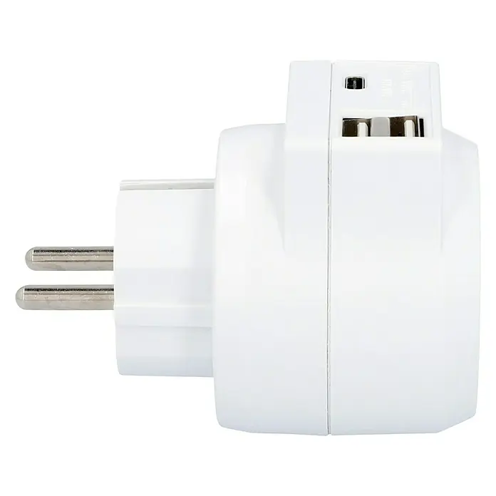 Voltomat Zwischenstecker - Weiß, USB-A-Buchse, USB-C-Buchse, IP20 - Das Bild zeigt einen weißen Stromadapter mit Steckdosen und einem Stecker für europäische Steckdosen, ideal für Reisen.