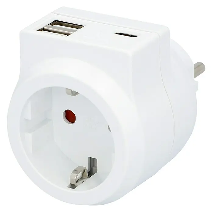 Voltomat Zwischenstecker - Weiß, USB-A-Buchse, USB-C-Buchse, IP20 - Weißer Schuko-Steckdosenadapter mit USB-Anschlüssen zum Aufladen von Geräten und zum Anschließen von Steckern in Deutschland und Europa.