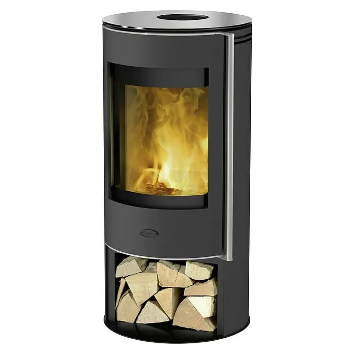 Fireplace Kaminofen Verona - 5 kW, Raumheizvermögen: 90 m³, Material Verkleidung: Stahl, Schwarz - Elegantes Kaminofen-Design mit Holzfach und loderndem Feuer, ideal für gemütliche Abende. Ein Blickfang für jedes Wohnzimmer.