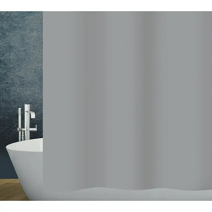 Diaqua Textil-Duschvorhang Basic - B x H: 120 x 200 cm, Grau - Grauer Duschvorhang verdeckt eine Badewanne mit Armaturen vor einer strukturierten Wand.
