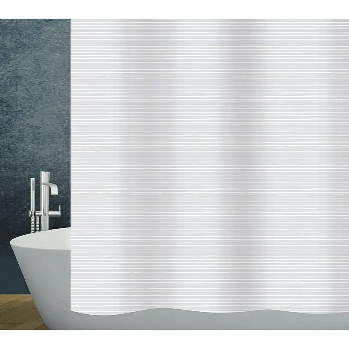 Diaqua Duschvorhang Linea - B x H: 240 x 180 cm, Textil, Weiß - Eine moderne Badezimmeransicht mit einer freistehenden Badewanne und einem horizontal gestreiften, transparenten Duschvorhang.