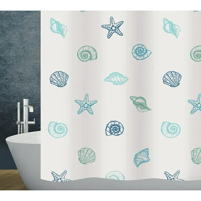 Diaqua Duschvorhang Mare - B x H: 120 x 200 cm, Textil, Farbig - Ein Badezimmer mit einer weißen Badewanne und einem Duschvorhang mit blauen und grünen Meeresmotiven.