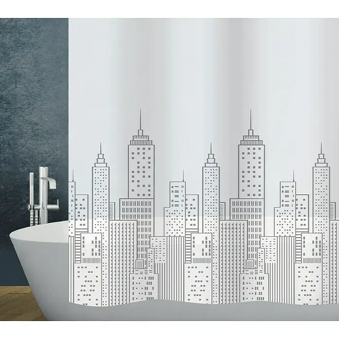Diaqua Peva Duschvorhang SkylineB x H: 180 x 200 cm, Grau/Weiß - Die Duschvorhang zeigt eine Skyline-Silhouette mit detailreichen Wolkenkratzern, die einen urbanen Akzent in das Badezimmer bringt.
