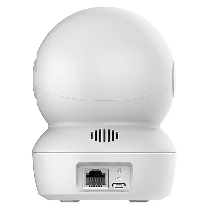 EZVIZ Überwachungskamera C6N - Weiß - Nahaufnahme einer weißen Überwachungskamera, die hinten einen Ethernet-Anschluss, USB-Anschluss und Lüftungsschlitze zeigt.