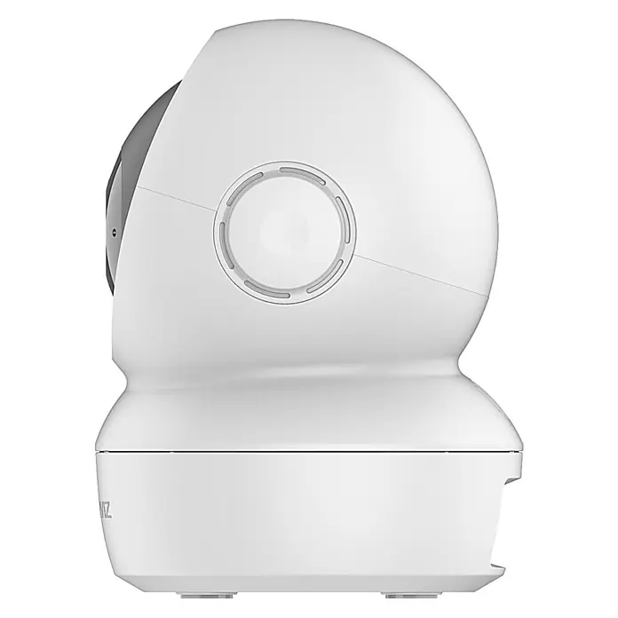 EZVIZ Überwachungskamera C6N - Weiß - Eine Nahaufnahme einer weißen Überwachungskamera, die sich durch ihr kugelförmiges Design und die zentrale runde Blende auszeichnet.