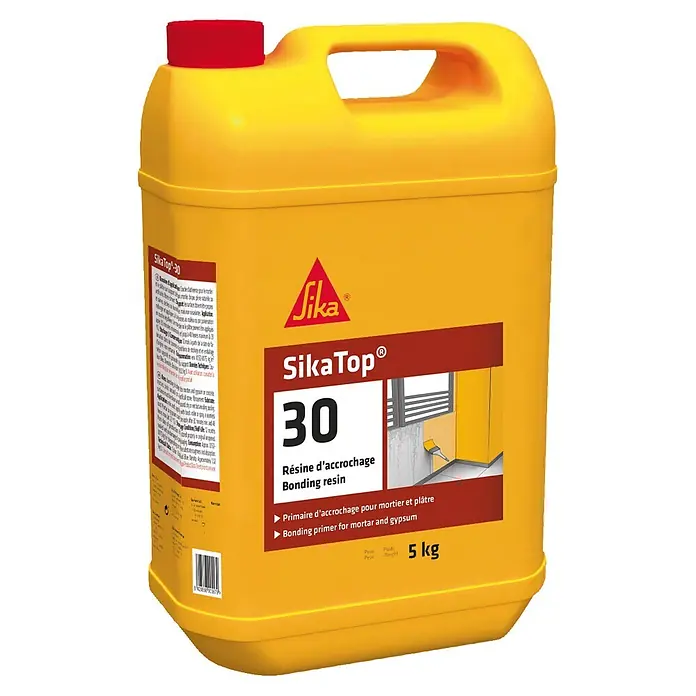 Sika Imprimación adhesiva SikaTop 30 - 5 kg, Idoneidad de material: Hormigón, Ámbito de aplicación: Para interior - Imagen de un bidón amarillo de SikaTop 30, una resina de adherencia para mortero y yeso, ideal para proyectos de construcción.