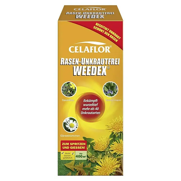 Celaflor Rasen-Unkrautfrei Weedex - 375 ml - Abbildung der Verpackung von Celaflor Rasen-Unkrautfrei Weedex, einem Produkt zur Unkrautbekämpfung im Rasen.
