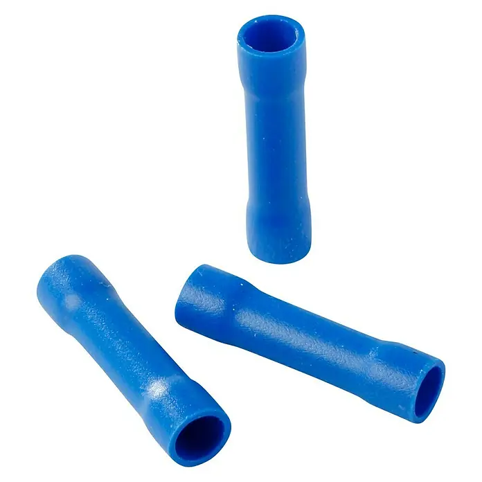 Kabel-Quetschverbinder - 20 Stk., 1,5 mm² - 2,5 mm², Blau - Nahaufnahme von drei blauen Stoßverbinder, die für die sichere Verbindung von elektrischen Leitungen verwendet werden.