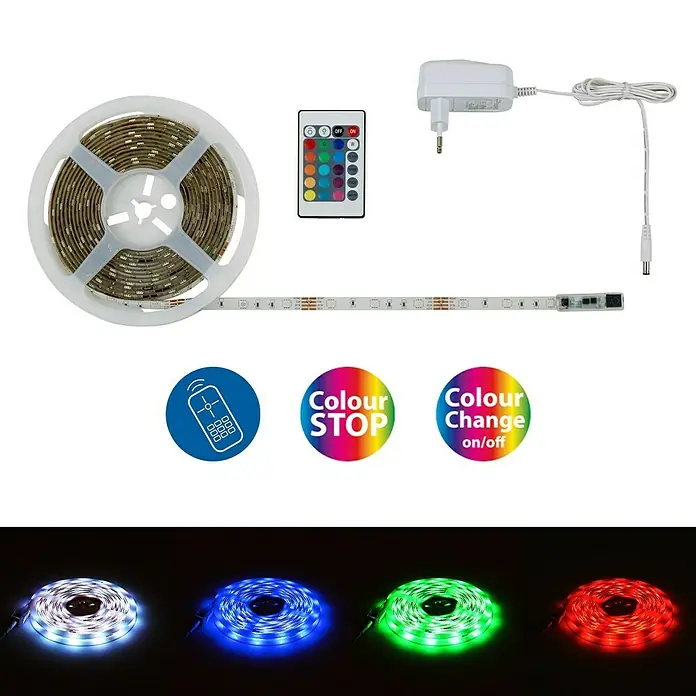 Briloner LED-Band - Länge: 5 m, RGB - LED-Streifen-Set mit Fernbedienung und Netzteil für stimmungsvolle Beleuchtung.
