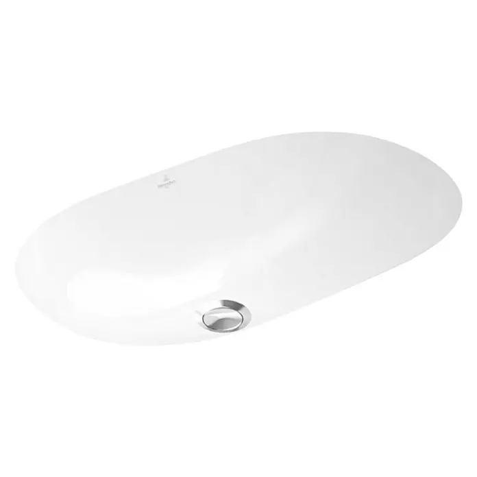 Villeroy & Boch O.novo Unterbauwaschbecken - 60 x 35 cm, Mit schmutzabweisender Glasur, Hahnloch: Ohne, Mit Überlauf, Weiß - Ovales, weißes Aufsatzwaschbecken aus Keramik mit glatter Oberfläche und rundem, silberfarbenem Ablauf für moderne Badezimmerdesigns.