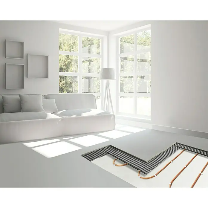 Admiral E-Power Fußbodenheizung Profi - 150 m, Beheizbare Fläche: 12,5 m², 1.800 W - Bild einer Fußbodenheizung, die in einem modernen, minimalistischen Raum installiert wird. Die Wärmeplatten sind sichtbar.